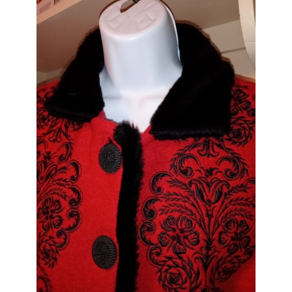 Vintage Red Wool Blend Embroidered Jacket Black Faux Fur Trim Beaded Floral Coat - Picture 2 of 11